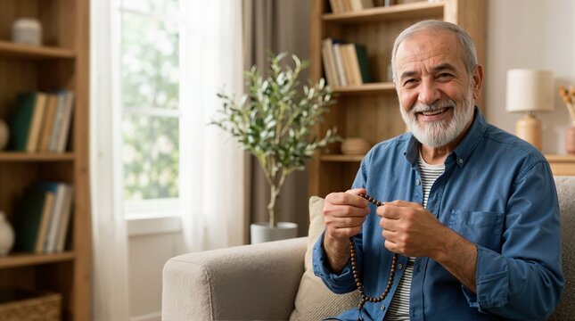Smiling Middle Eastern senior man holding wooden prayer beads indoors. Elderly grandfather sitting on a living room sofa with misbaha or tasbih