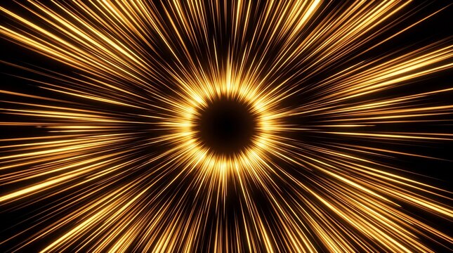 Explosive golden light burst with radiating lines from a dark central void.