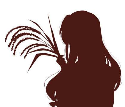 稲を持つ巫女さん　シルエット