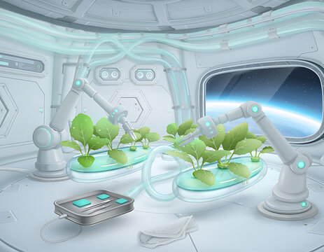 Futuristic Hydroponic Lab in Space Station with Robotic Arms Tending Green Plants and Earth View