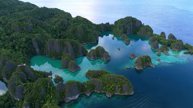 Aerial view of the lush green karst islands of Piaynemo surrounded by turquoise waters in Distrik Waigeo Barat Kepulauan, Papua Barat, Indonesia.