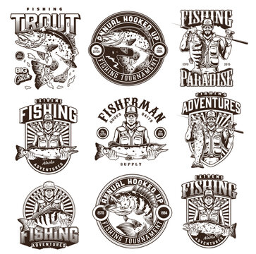 Vintage fishing-themed badges and logos