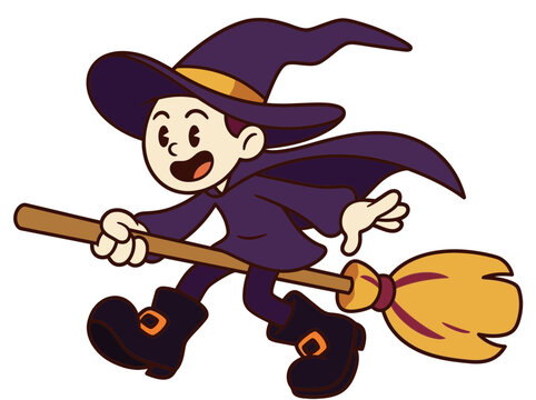 Happy young wizard flying on a broomstick with a cheerful expression