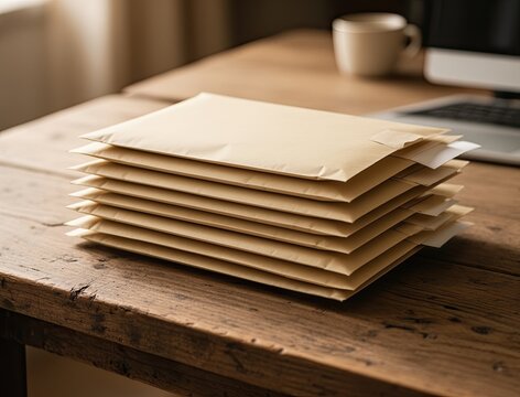 Stack of brown envelopes on wooden table with soft natural light. Desktop features blurred computer and coffee cup in background. Ideal for business or office settings