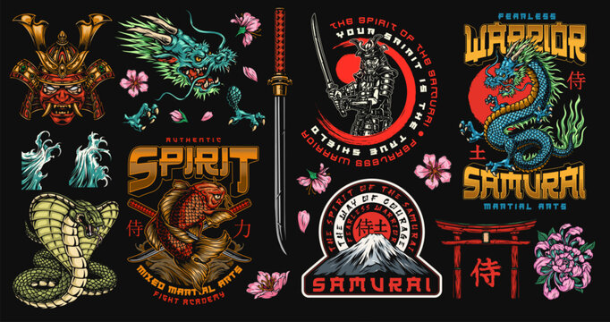 Dark background hosts stylized warrior motifs