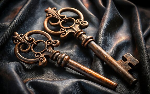 Two antique ornate skeleton keys resting on a dark draped fabric background metal