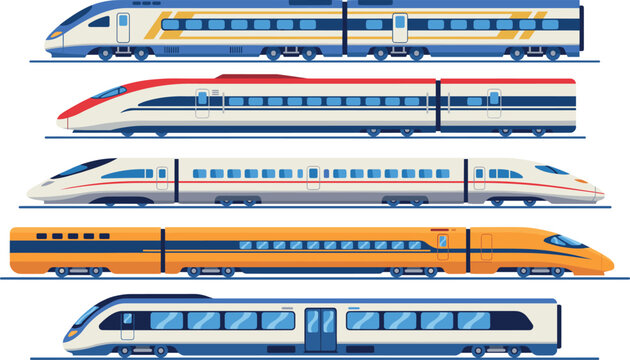 Modern high speed bullet trains vector illustration set featuring electric locomotives subway monorail and express passenger railway transport icons.