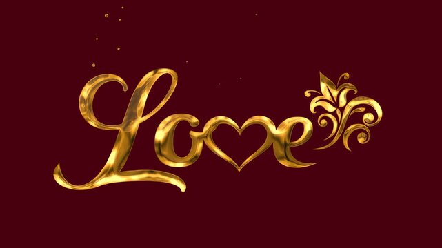 Love Golden Script Text Animation with Heart Symbol and Floral Ornament