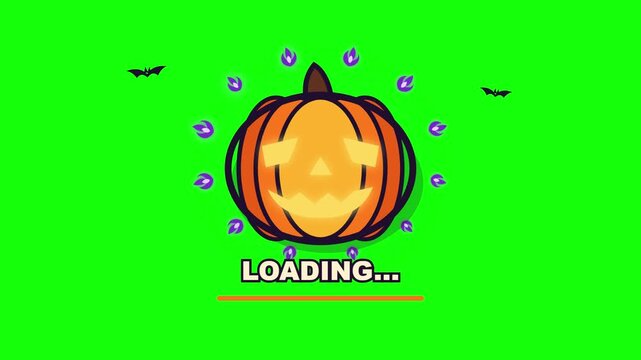 Animated halloween pumpkin loading screen with flickering spirits on green background for video production