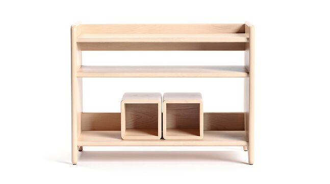 Modern minimalist light wood bookshelf and toy storage organizer with small square cubby holes, scandinavian style plywood nursery furniture isolated on a white background for home decor