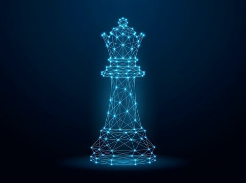 Digital blue wireframe chess queen glowing on a dark background