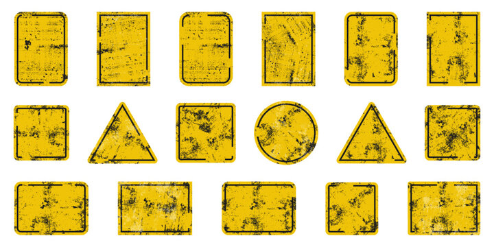 Collection of distressed yellow warning sign templates with empty geometric frames and grunge textures