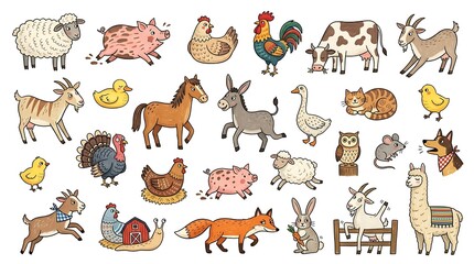 Fototapeta premium Hand drawn collection of farm animals, cute cartoon livestock, poultry, and pets isolated on a white background