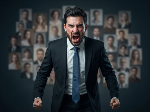 Angry businessman shouting in front of a wall with blurred portraits of people