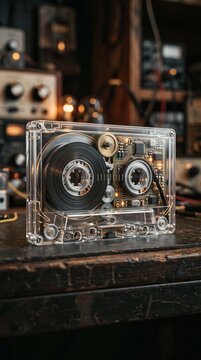 Transparent vintage audio cassette tape sitting on a dark workshop workbench.