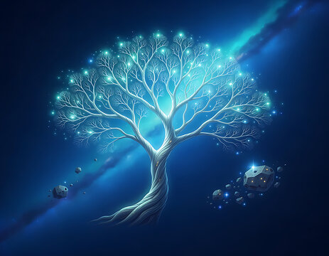 Glowing Cosmic Tree of Life in Deep Space with Floating Asteroids and Nebula Background