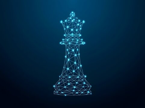 Futuristic digital chess queen glowing wireframe represents strategy