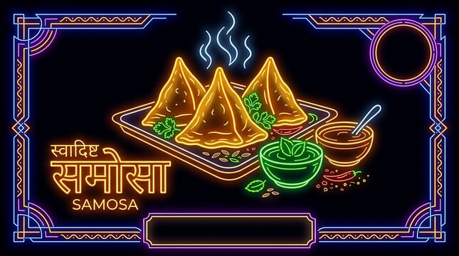 Golden Samosa Midnight Neon Glow: Crispy Indian Pastry with Mint Chutney and Glowing Devanagari Lights
