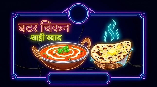 Rich Butter Chicken Midnight Neon Glow: Creamy Indian Curry with Charred Garlic Naan and Royal Devanagari Lights