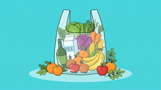 Transparent plastic grocery bag filled with fresh fruits and vegetables