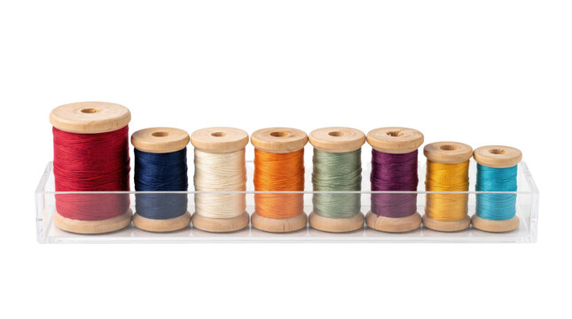 Vibrant collection of colorful sewing threads on wooden spools, an assortment of craft supplies for textile projects, sewing notions and embroidery materials.