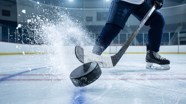 Hockey player striking puck on ice rink with water spray effect  