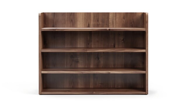 Minimalist dark walnut wood bookshelf with three empty tiers isolated on white background, elegant wooden storage cabinet for home office organization and modern interior design layout.