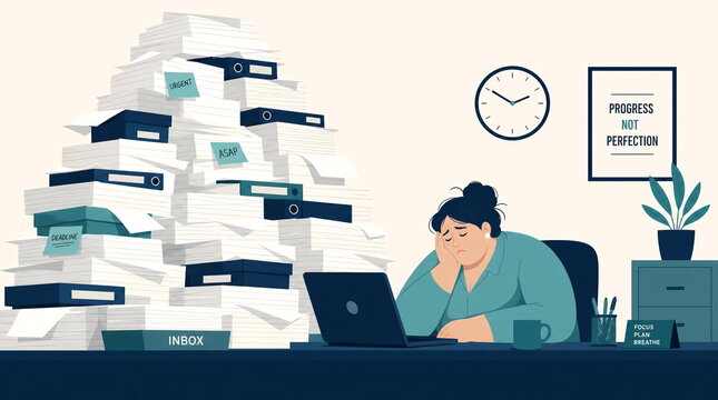 Stressed employee overwhelmed by huge pile of office paperwork