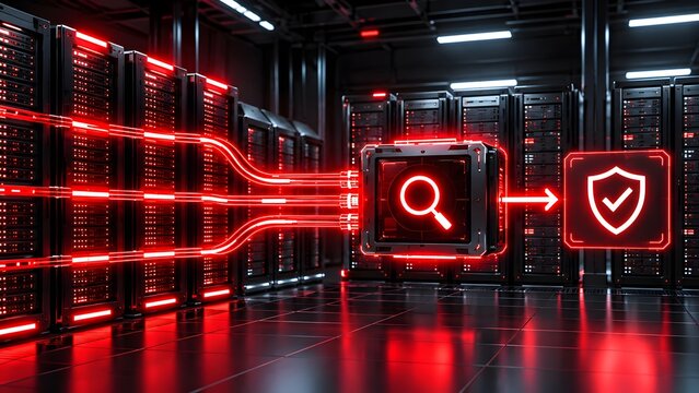 Advanced cybersecurity system scanning incoming data streams in a server room representing deep packet inspection and safe network firewall filtering