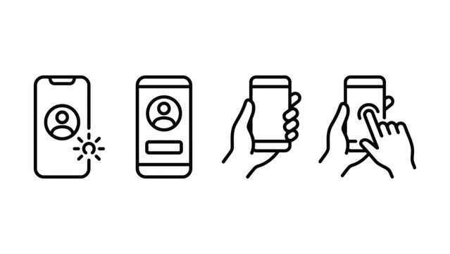 Mobile interface interaction icons showing smartphone touch and user profile login actions. Editable stroke. Eps 10.