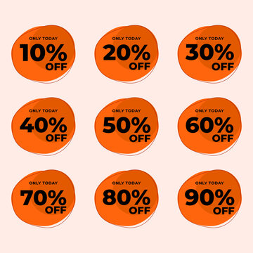 Set Collection Modern Discount Sale Badges Stickers with 10%, 20%, 30%, 40%, 50%, 60%, 70%, 80%, and 90% OFF Labels. Orange Color Promotional Tags Design Vector. Ideal for E-commerce, Online Shopping