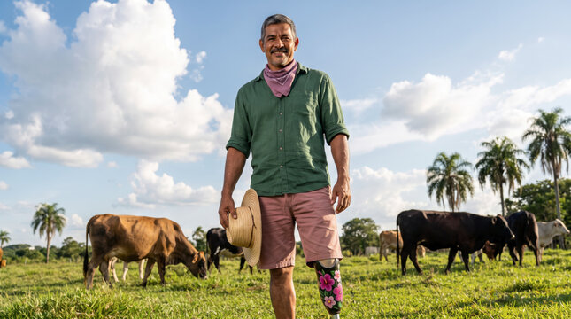 Weathered farmer with painted prosthetic leg standing in tropical cattle pasture