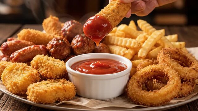 Assorted fried snacks with dipping sauce on wooden table