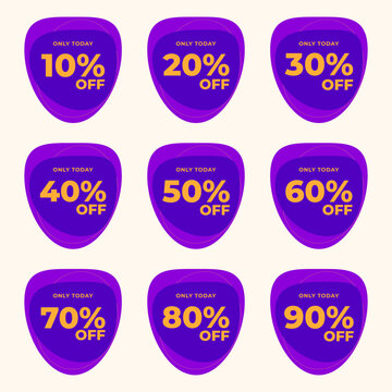 Set Collection Modern Discount Sale Badges Stickers with 10%, 20%, 30%, 40%, 50%, 60%, 70%, 80%, and 90% OFF Labels. Purple Color Promotional Tags Design Vector. Ideal for Online Shop, Seasonal Sale