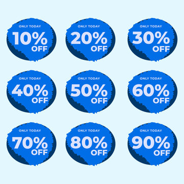 Set Collection Modern Discount Sale Badges Stickers with 10%, 20%, 30%, 40%, 50%, 60%, 70%, 80%, and 90% OFF Labels. Blue Color Promotional Tags Design Vector. Ideal for Online Shopping, Seasonal Sale