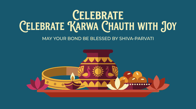 Happy Karwa Chauth Festival Greeting Card Design with Karwa Pot, Bangle, Diya, and Sweets for Indian Hindu Tradition, Flat Vector Illustration Background for Social Media and Poster