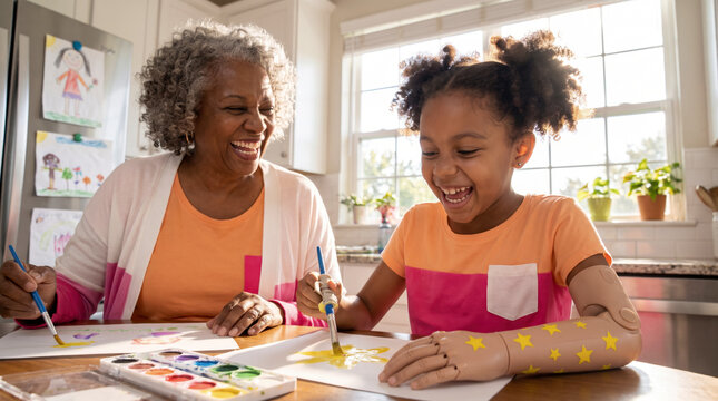 Playful girl with prosthetic arm painting alongside grandmother in bright kitchen