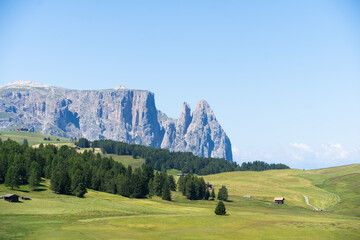 Obraz premium Alpe di Siusi at sunny morning sunrise, Dolomites mountains, Italy