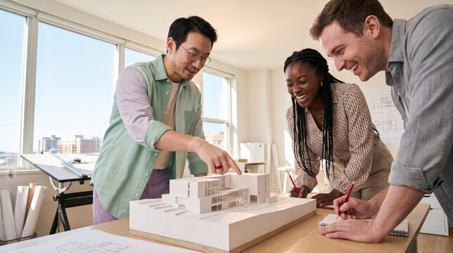 Engaged architect with prosthetic hand reviewing model with diverse design team