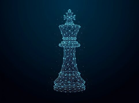 Futuristic wireframe chess king piece glowing on dark background
