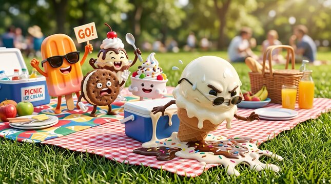 Rebellious ice cream character melting dramatically while trying to escape from a sunny picnic
