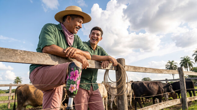 Resolute farmer with painted prosthetic leg leaning on fence beside son