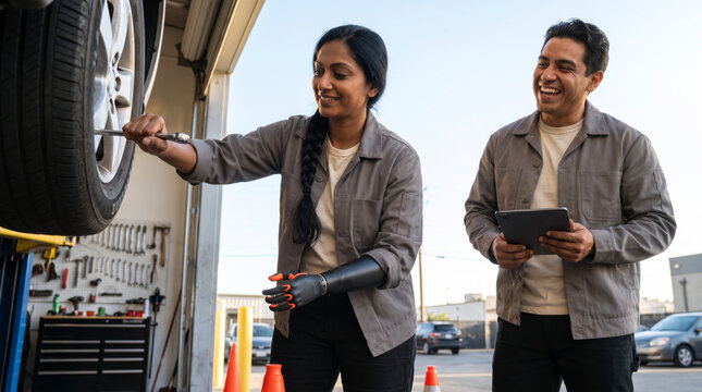 Confident mechanic with prosthetic hand consulting colleague inside auto garage