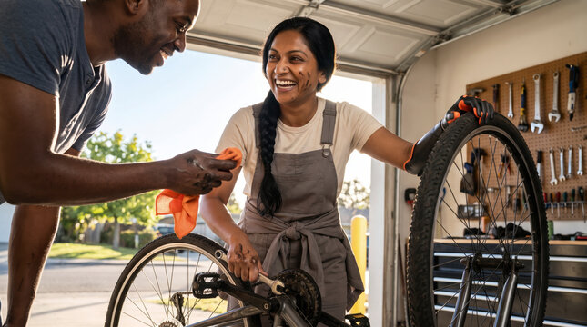 Confident mechanic with prosthetic hand fixing bicycle wheel with friend in garage