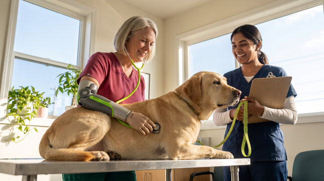 Attentive veterinarian with prosthetic arm examining dog with assistant in clinic
