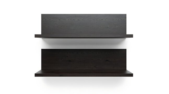 Minimalist two tiers of empty dark wooden floating shelves on a white background, modern wall mounted display rack for home or office interior design, premium product mockup with wood grain texture.