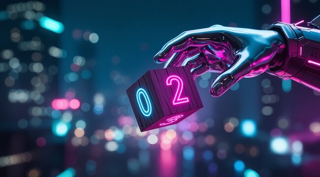 Cyberpunk neon Hand flipping wcooden cube from to signifying the transition to the new year with bokeh lights in the background: a chrome hand flips a wooden cube with neon numbers. Background is boke