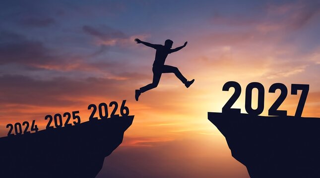 Man jumping from 2026 to 2027 at sunset