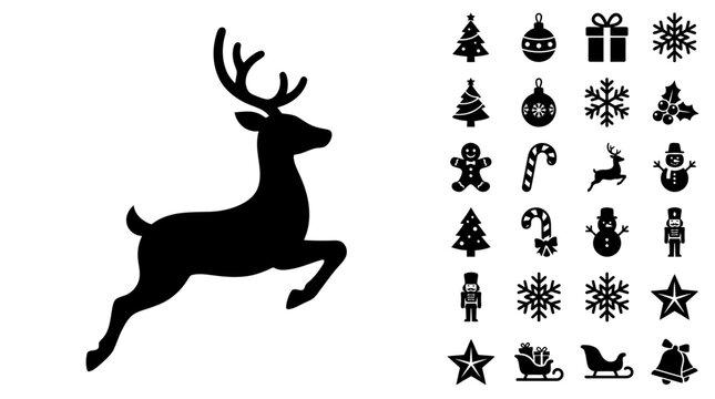 Christmas deer silhouette vector with festive icons on white background