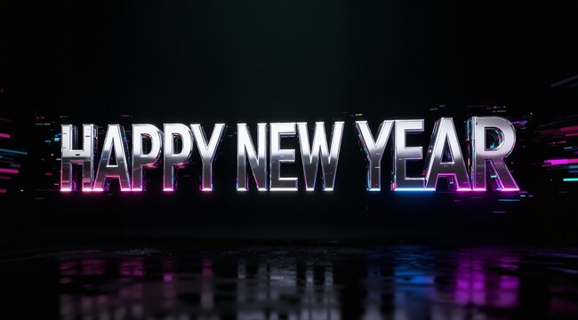 Cyberpunk neon Silvester New year New Year's Eve Party, new years eve background banner panorama long, firework fireworks on rustic dark blue night sky texture: a long panoramic view of a cyberpunk ci